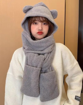 New Cute Bear Ear Hat Scarf Gloves Set Winter Women Beanies Caps Warm Casual Plush Hats Casual Solid Fleece Girl Kawaii