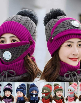 Set 3 Hats Women Winter Beanies Velvet Thick Bib Ear Protector Skulies Beanie Hat Riding Hat Female Warm knitted Wool Cap